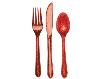 Red Glitter Plastic Cutlery Service for 8 | Party Utensils | Disposable Flatware | Christmas Cutlery Set | Valentine's Silverware