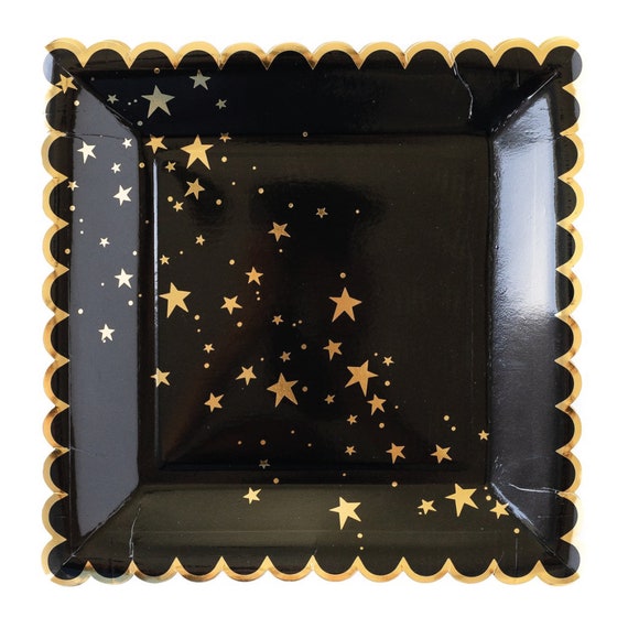 Black & Gold Stars Scallop Square Lunch Plates 8ct | Over the Hill Birthday | New Year's Eve Party | NYE Wedding | Graduation Party Decor Il_570xn