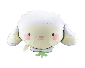 May include: A white and yellow balloon shaped like a cartoon lamb with green ears. The balloon has a cute face with pink cheeks and a small, pink nose.