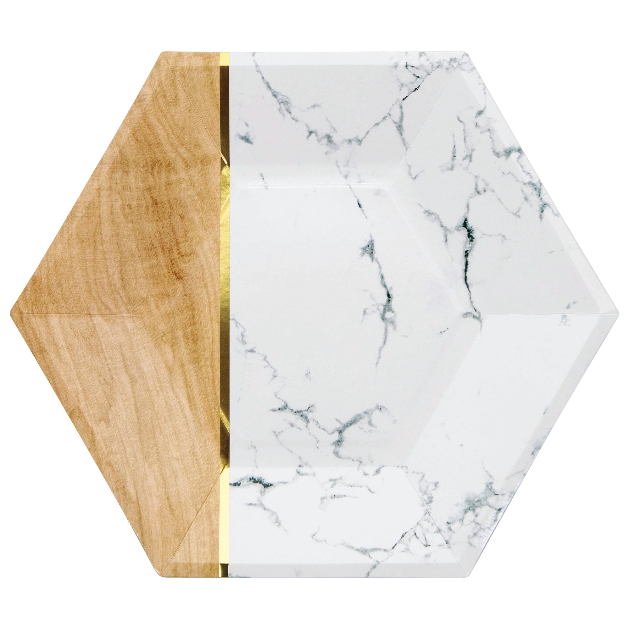 SALE | White Marble & Faux Wood Hexagon Lunch Plates 8ct | Modern and Chic Plates | Birthday Party  | Lunch Plates | Rustic Wedding Plates