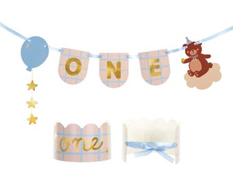 Teddy Bear 1st Birthday Banner and Crown – Blue & Gold Party Decor