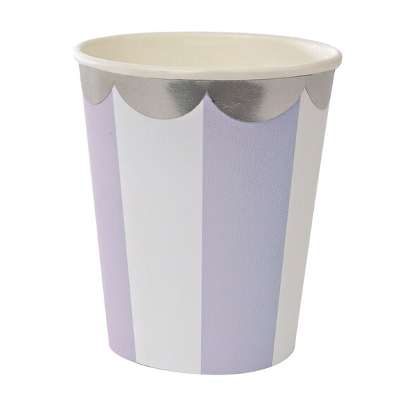 Cups | Lavender & White Stripe Paper Cups 9oz | Silver Foil Scallop Rim | 8 Cups | Meri Meri Toot Sweet Party Supplies | The Party Darling Il_570xn