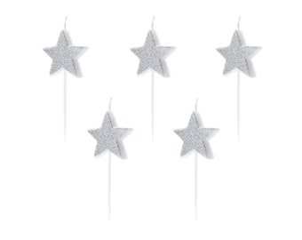 Glitter Silver Star Birthday Candles 5ct | Twinkle Twinkle Little Star Party Decor | Outer Space Birthday Cake Decor | Star Cake Toppers