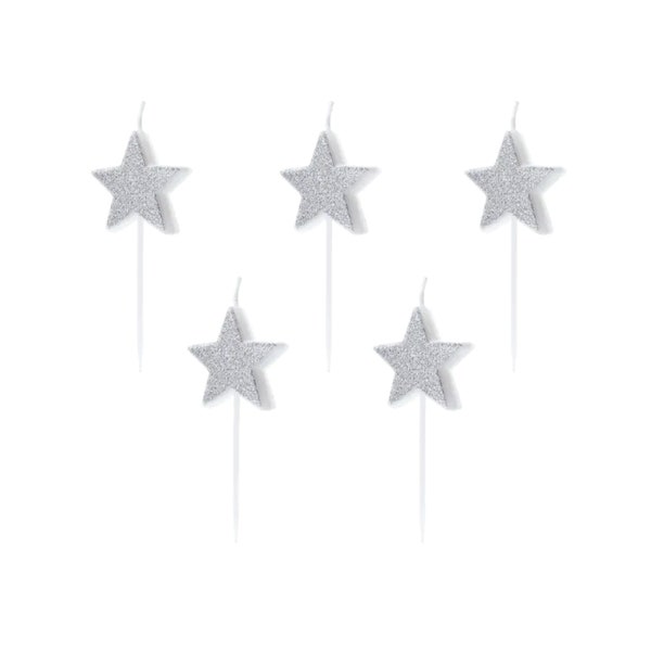 Glitter Silver Star Birthday Candles 5ct | Twinkle Twinkle Little Star Party Decor | Outer Space Birthday Cake Decor | Star Cake Toppers