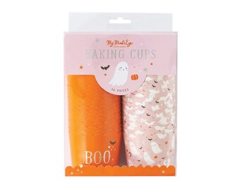 Spooky Cute Halloween Baking Cups 50ct | Kid Halloween Party | Orange & Pink Halloween Birthday | Spooky One | Little Boo | BooDay Party