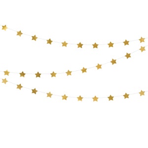 May include: Three strands of gold star garlands against a white background. Each star has a textured appearance. The garlands are strung on thin, nearly invisible strings, creating a floating effect. Ideal for festive decorations.