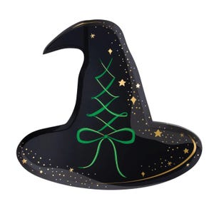 May include: A black witch hat with a pointed tip and wide brim. The hat features a green crisscross design and bow, with gold stars and accents. The hat is likely for Halloween or costume use.
