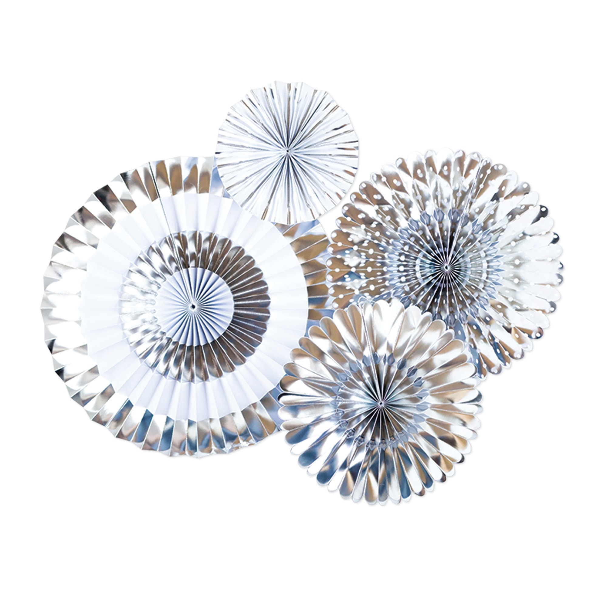 Silver Metallic Paper Fan Decorations 4ct Outer Space Birthday Party New Years Eve Party Decor Winter Wonderland Photo