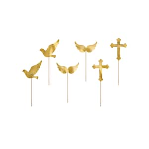 May include: Gold-colored decorative toppers featuring doves, angel wings, and crosses. Each topper is attached to a wooden stick. The toppers are ideal for religious celebrations, weddings, or other special events.