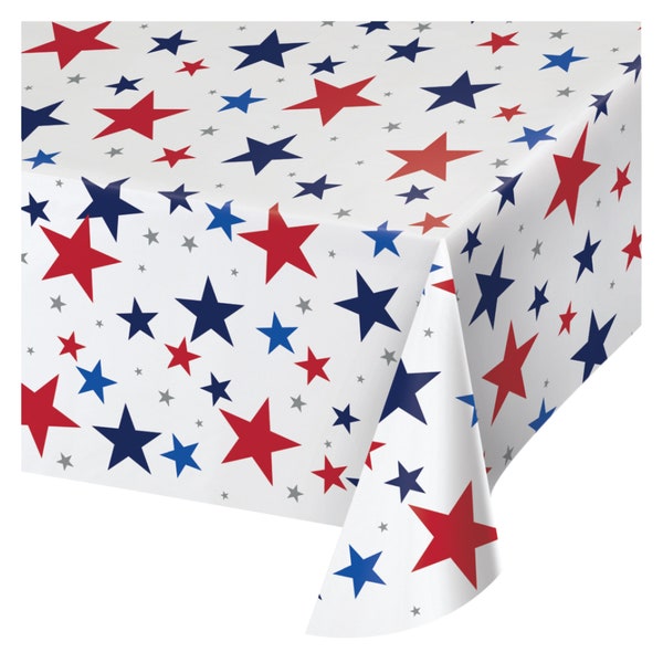 Patriotic Red, White & Blue Stars Paper Table Cover 54" x 102" | 4th of July Party Decorations | Memorial Day Decor | July 4th Birthday