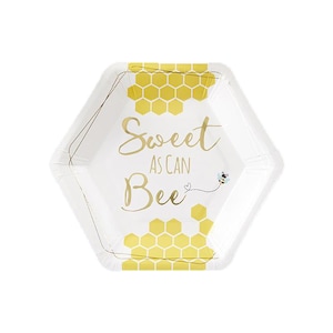 May include: White paper party plate with a gold honeycomb pattern and the text "Sweet as can Bee" with a small bee illustration.