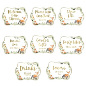 Kit de letreros de baby shower con temática de bosque / Decoración de baby shower con temática de animales del bosque / Letrero de bienvenida con temática de bosque / Letrero de recuerdo / Letrero de libro de visitas / Juego de 8 letreros de mesa