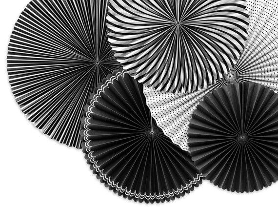 SALE Black White Paper Fan Decorations 5ct Graduation Party Fans