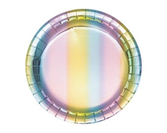Rainbow Iridescent Dessert Plates 8ct - Iridescent Party Plates, Pastel Birthday Decor, Rainbow Dessert Plates