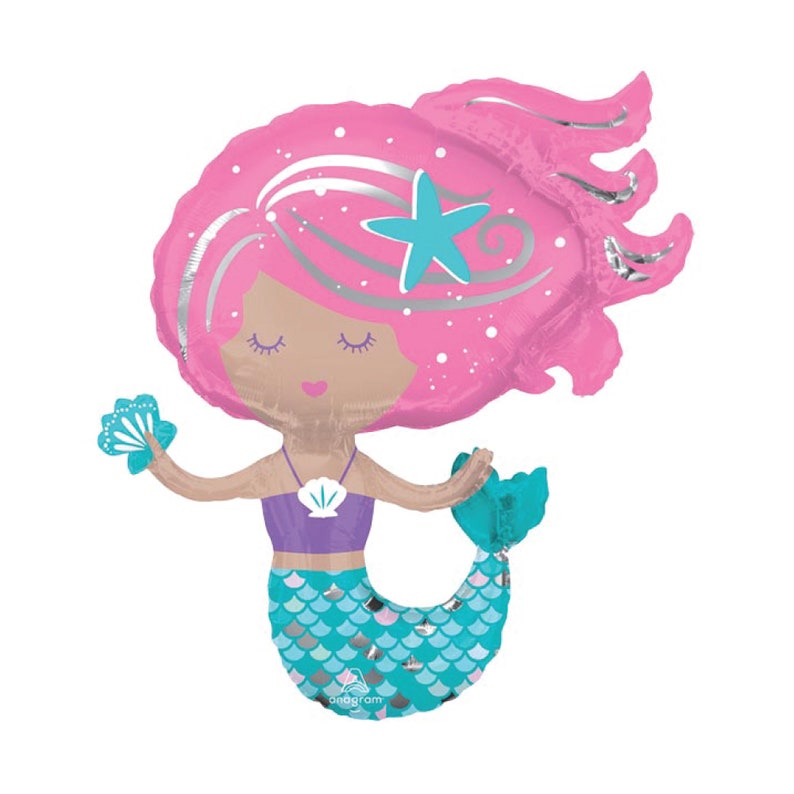 May include: A pink and turquoise mermaid balloon with a silver star on her head. The mermaid has a purple seashell bra and a turquoise tail with scales.