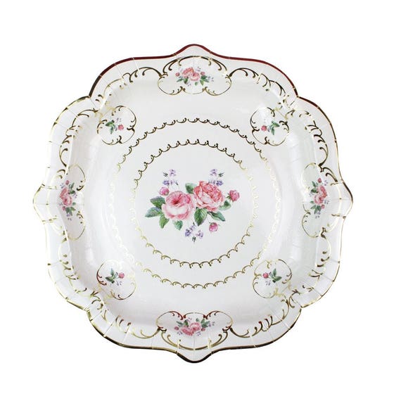 White Tea Party Paper Plates 8" | Tea Party Birthday | Tea Party Bridal Shower | Tea Party Baby Shower | 8 Floral Paper Plates Il_570xn