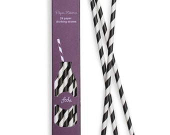 SALE | Paper Straws 24ct | Black and White Striped Paper Straws | Black Straws | High Quality | Retro Straws | Party Supplies