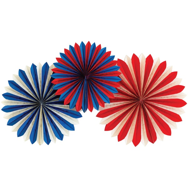 Red White & Blue Paper Fan Decorations 3ct | 4th of July Party Decor | Patriotic Hanging Fans | July 4th Backdrop | Memorial Day Decor