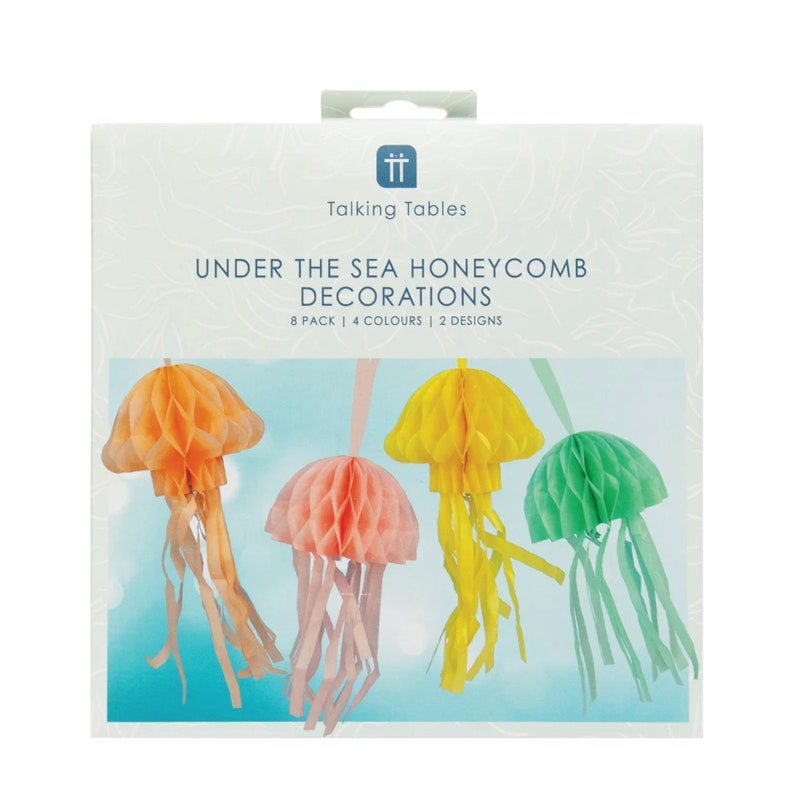 May include: A set of eight under the sea honeycomb decorations. The decorations are shaped like jellyfish and come in four colours: orange, pink, yellow, and green. The decorations are made of paper and have a honeycomb texture. The decorations are strung together with ribbon and can be hung from the ceiling or a wall.