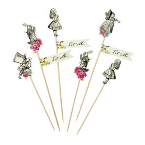 Alice in Wonderland Party Picks 12ct | Mad Hatter Tea Party | Wonderland Wedding | Alice in Onederland Decor | Girls Birthday Cake Toppers