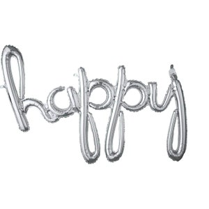 Silver Happy Cursive Letter Balloon 39&quot;x27&quot; | Anniversary Party Decor | Happy Birthday Decorations | Happy New Year | Air-Filled Balloon