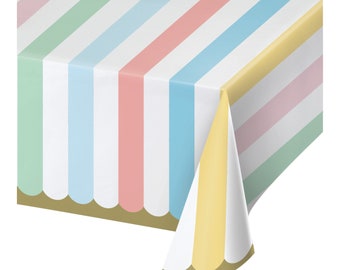 Nappe en papier à rayures pastel 54 x 102 po. | Anniversaire de crème glacée | Anniversaire de filles | Baby Shower sans distinction de sexe | Anniversaire arc-en-ciel pastel