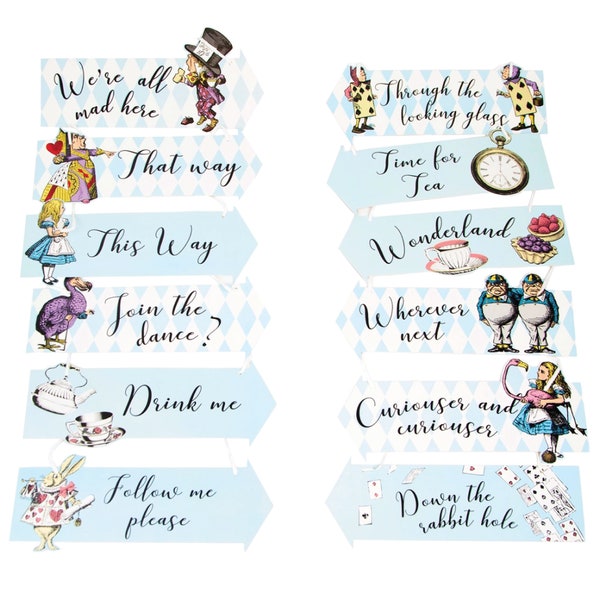 Alice in Wonderland Party Sign Decorations 12ct | Mad Hatter Tea Party | Wonderland Wedding | Alice in Onederland First Birthday | Arrows