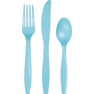 May include: A set of three light blue plastic utensils, including a fork, knife, and spoon.