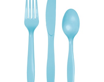 Pastel Blue Plastic Cutlery Set for 8 – Disposable Party Utensils for Shower or Birthday