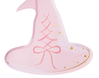 May include: A light pink witch hat-shaped paper plate with a gold trim and gold star accents. The hat features a pink criss-cross design and a bow. Perfect for a Halloween or fantasy-themed party.