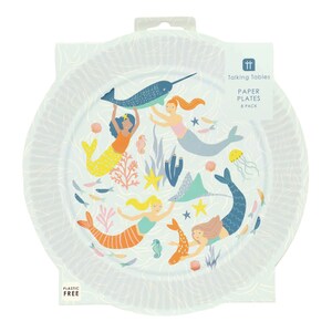 May include: A pack of 8 blue paper plates featuring a mermaid and sea creature design. The plates depict mermaids, a narwhal, a stingray, starfish, and seahorses. The text "Talking Tables Paper Plates 8 Pack" is printed on the packaging.