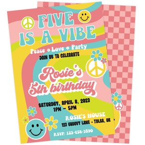 Five is a Vibe Birthday Invitation | Flower Power Birthday Invite | Groovy Birthday Printable Invite | Retro Birthday Card | Hippie Party