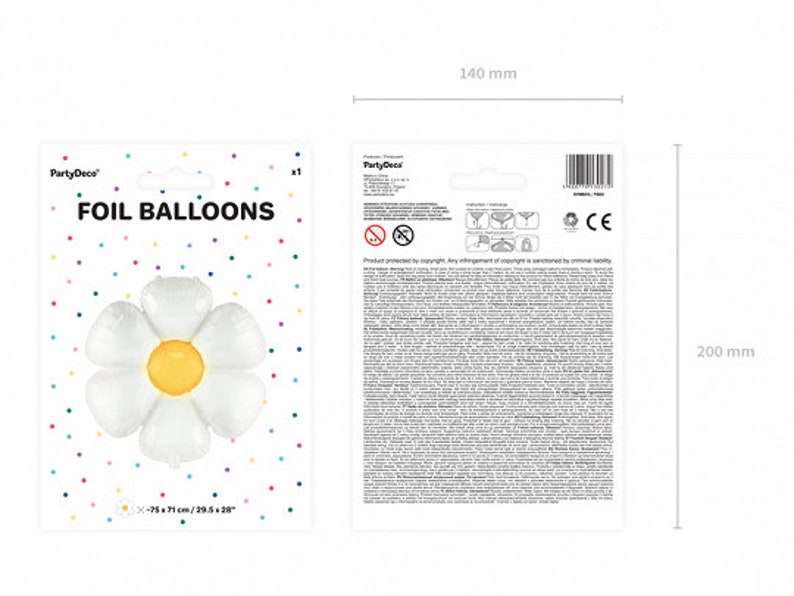 May include: White foil balloon shaped like a daisy with a yellow center. The balloon is 29.5 inches in diameter. The packaging says "Foil Balloons" and includes a measurement of 75 x 71 cm / 29.5 x 28".