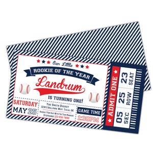 May include: A blue and white baseball ticket invitation for a first birthday party. The ticket says "Our Little Rookie of the Year Landrum is turning one!" The party is on Saturday, May 25th at 1:30 PM. The event is at The Smith Dugout, 1234 S Ballpark Way, Tulsa, OK.  Reserve your seat with the team manager, Stephanie 123-456-7890.