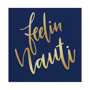 May include: Navy blue square with the gold script text "feelin' Nauti". The text is in a cursive font. The background is a solid, dark blue color.
