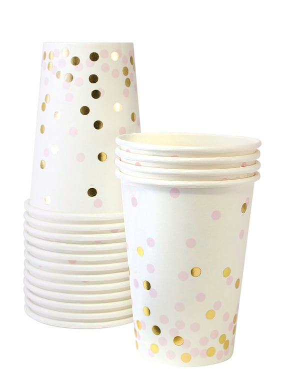 Pink & Gold Confetti Paper Cups 9oz | Princess Party Cups | Girl Baby Shower | Girl Birthday Party | Pink with Gold Foil | Pack of 12 Cups Il_570xn