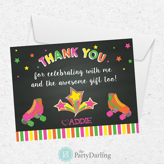 Roller Skating Party Thank You Card Skate Party Neon Skate - Etsy