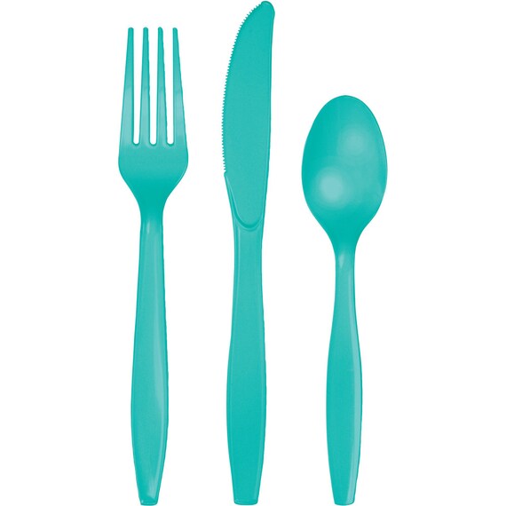 Teal Blue Plastic Cutlery Set 24ct | Plastic Silverware | Party Utensils | Kids Birthday Party | Disposable Flatware | Mermaid Baby Shower Il_570xn