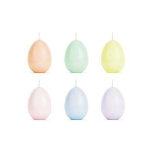 May include: Six pastel-colored egg-shaped candles. The candles are in shades of peach, light green, yellow, pink, and light blue.