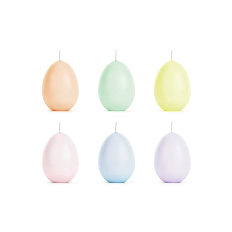 May include: Six pastel-colored egg-shaped candles. The candles are in shades of peach, light green, yellow, pink, and light blue.