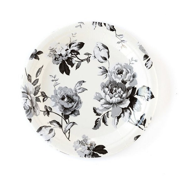 Black Gingham Floral Dessert Plates | Farmhouse Party Decorations | Black & White Floral | Bridal Shower Decor | Pack of 12 Small Plates Il_570xn