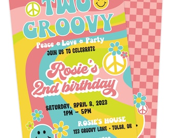 Two Groovy Birthday Invitation | Flower Power Birthday Invite | Two Groovy Birthday Printable Invite | Retro Birthday Card | Hippie Party