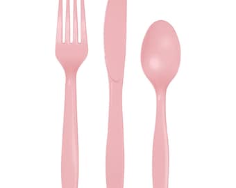 Light Pink Premium Plastic Cutlery Service for 8 | Silverware | Party Utensils | Kids Birthday Party | Disposable Flatware | Baby Shower