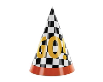 May include: A black and white checkered party hat with the word "GO!" in yellow letters.