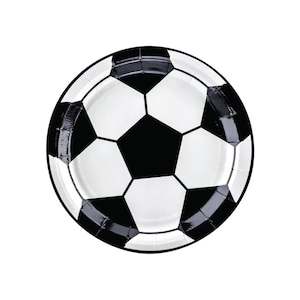 May include: Black and white paper party plates with a soccer ball design.