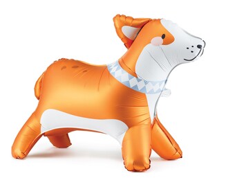 May include: Orange and white balloon shaped like a dog with a blue and white patterned collar. The balloon is standing on a white background.