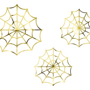 May include: Three gold spiderwebs on a white background. The spiderwebs are all the same size and shape, and they are all centered in the image.