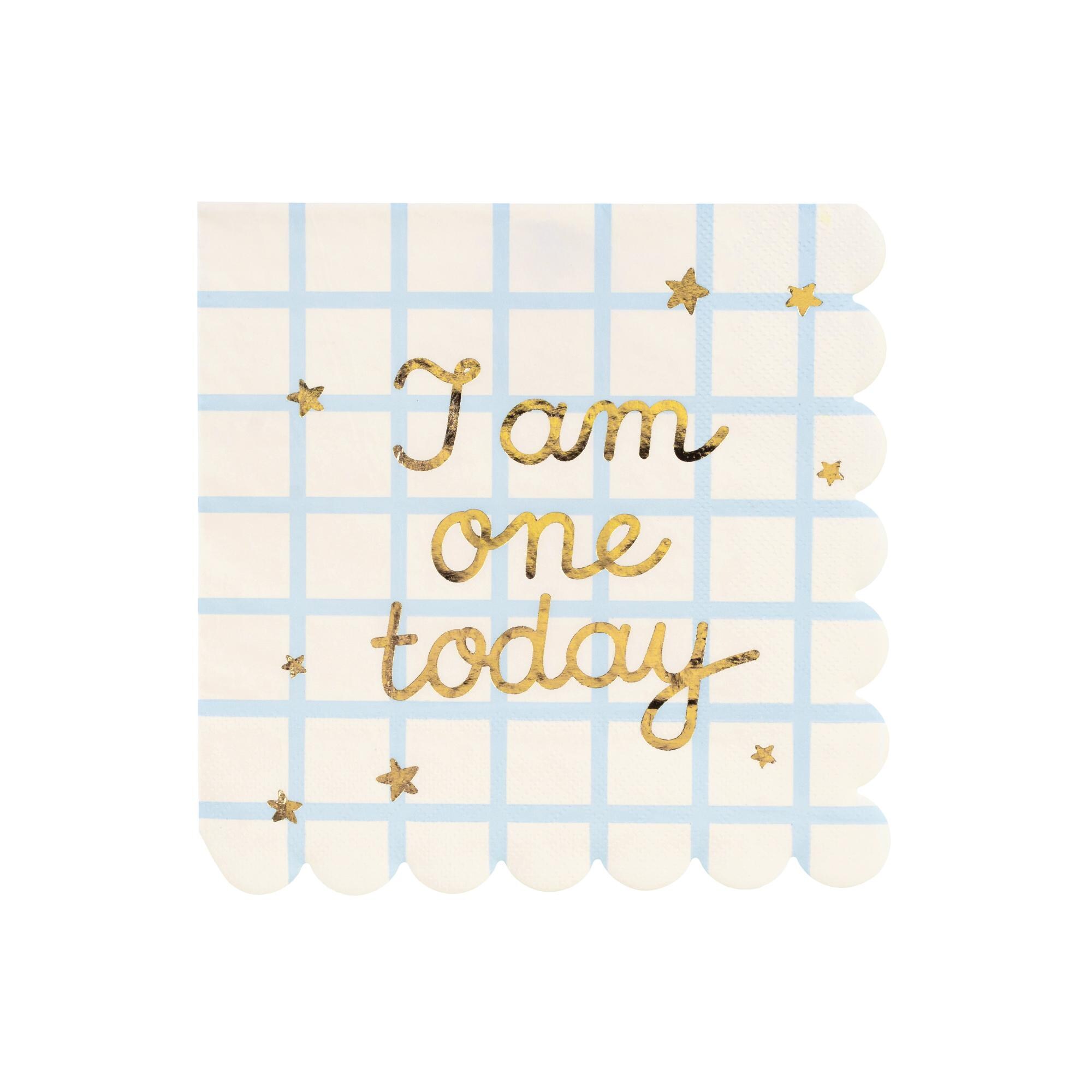 I Am One Today Lunch Napkins 12ct | First Birthday Napkins | 1st Birthday Party Decor | Teddy Bear First Birthday Boy | Blue First Birthday