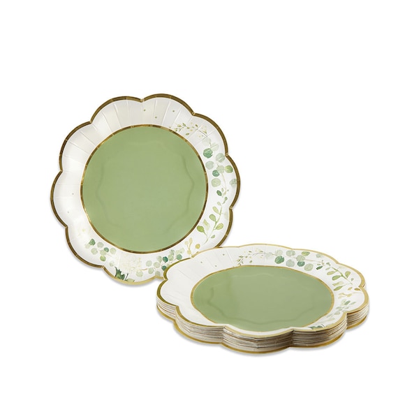 Botanical Garden Dessert Plates (16ct) – Greenery & Gold Foil for Bridal or Baby Shower