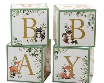 Woodland Baby Block Decorations 4ct | Forest Animals Baby Shower Block Letters | Woodland First Birthday Backdrop | Woodland Gender Reveal